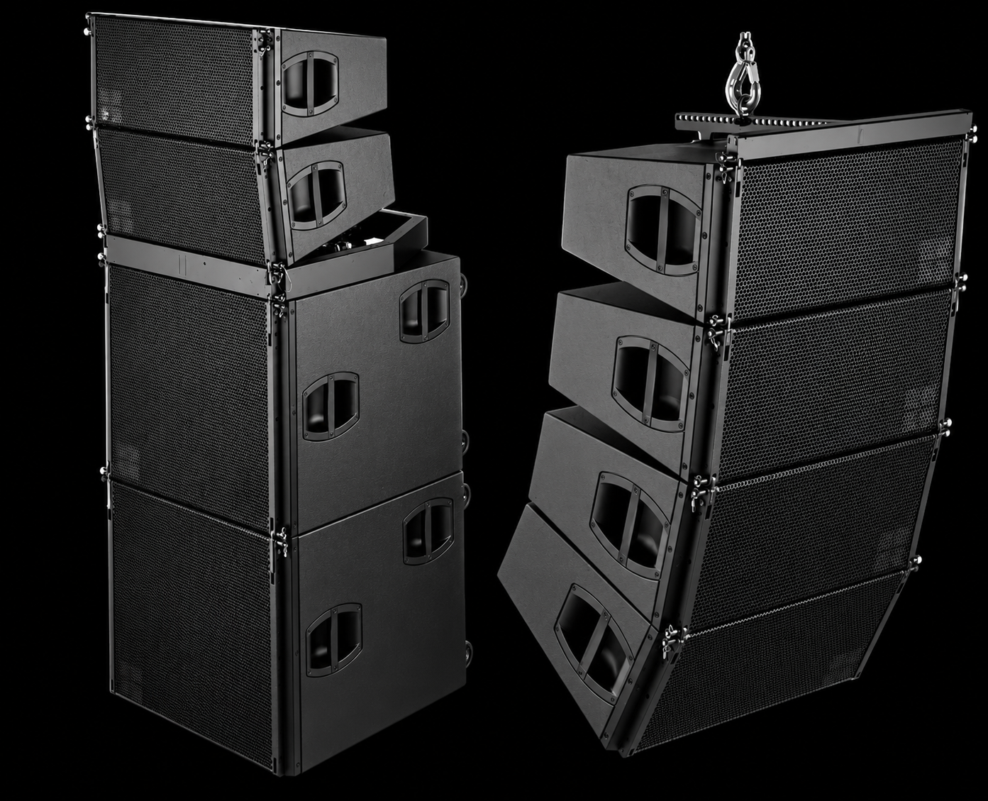Line array PA speaker stacks used for HB event sound production